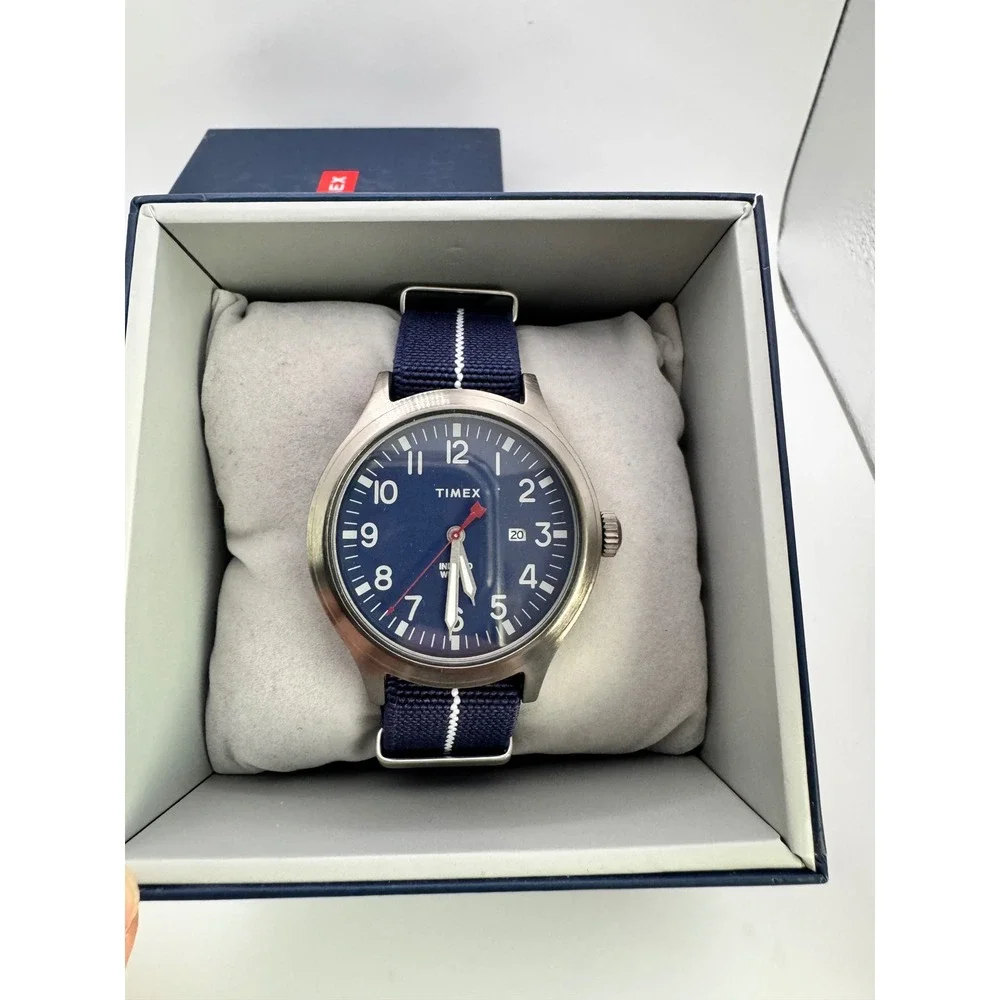 Timex x Express Mens Field Watch Blue Dial Nato Strap Indiglo WR 50M CR2016